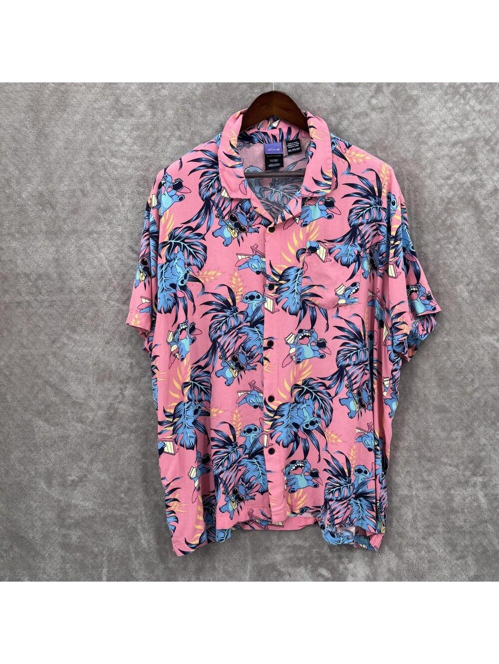 Disney Stitch Shirt Mens 3XL Pink Hawaiian Tropical Short Sleeve Button Up Beach